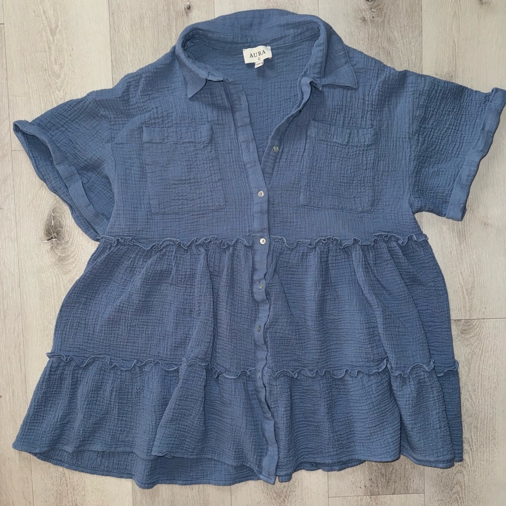 AURA linen tiered blue cotton button down mini dress size large - Picture 6 of 9